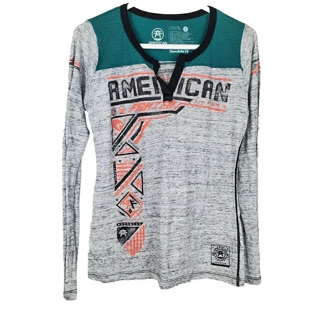 Women's AMERICAN FIGHTER Buckle Gray Long Sleeve T Shirt‎ SZ M Top Orange Medium